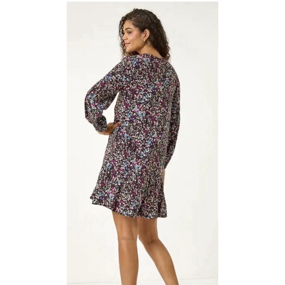 Pieces Flower Ruffle Dress boho flare preppy smocked multicolor Large A006493